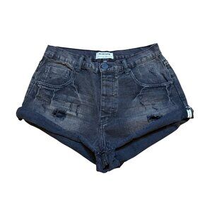 One Teaspoon Mid Waist Bandit Twisted Cuff Black Distressed Denim Shorts Size 28